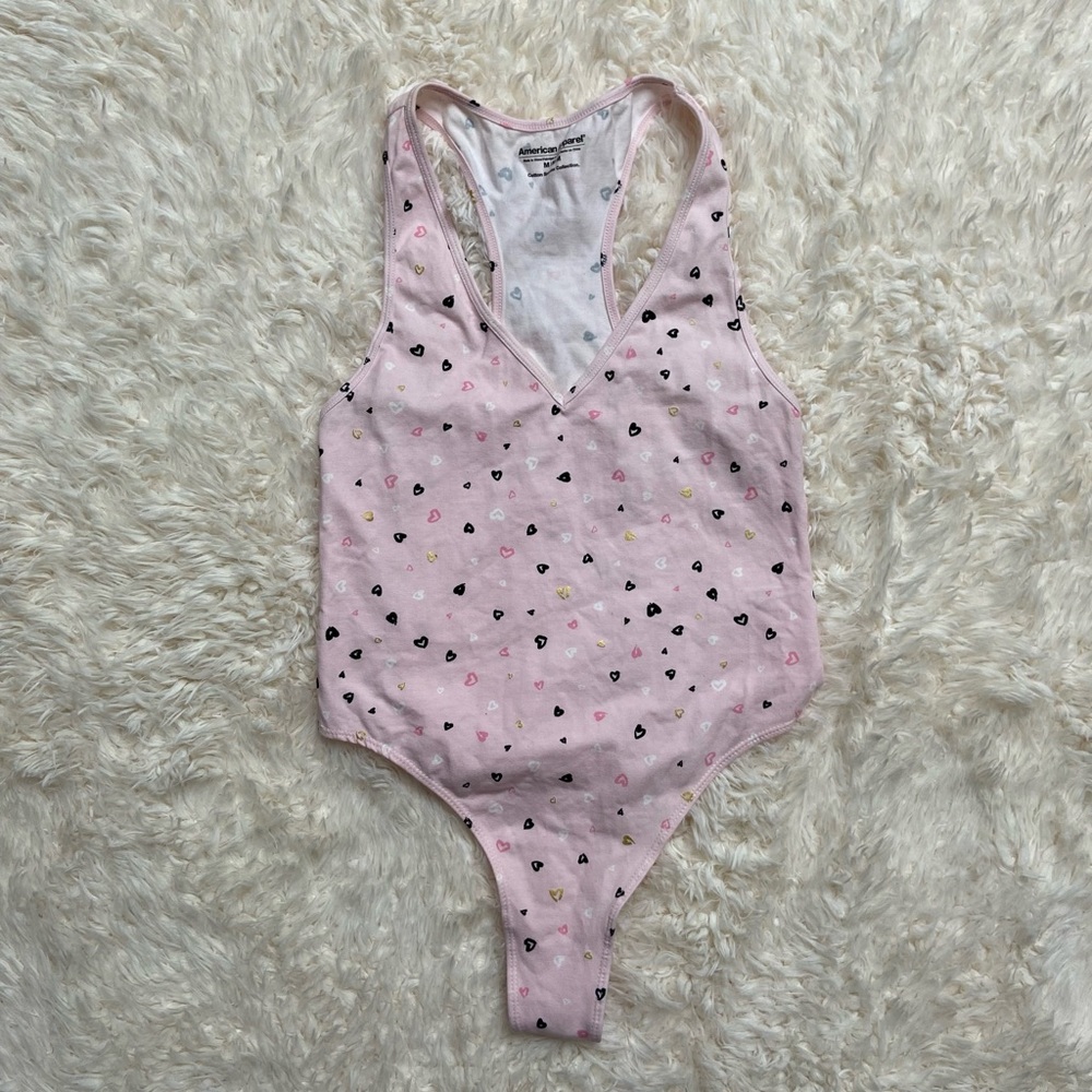 American Apparel Racerback Heart Print Pink Thong Bodysuit